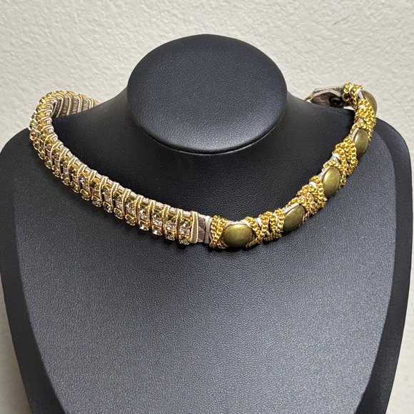 La Hola Leather Studded Chain Choker Necklace Rhinestone Edgy​